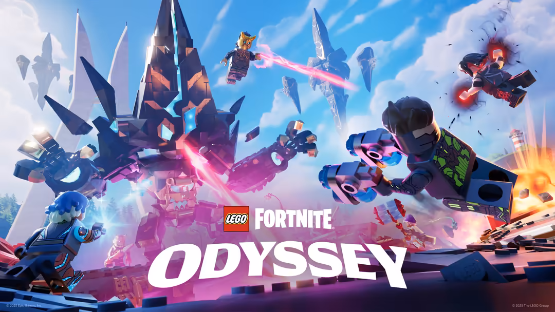 Colorful LEGO Fortnite Odyssey game artwork featuring armored characters with glowing weapons and futuristic towers against a