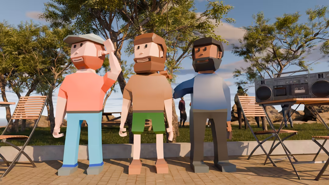Three blocky cartoon characters standing together in a sunny park with trees, picnic chairs, and a boombox, celebrating frien