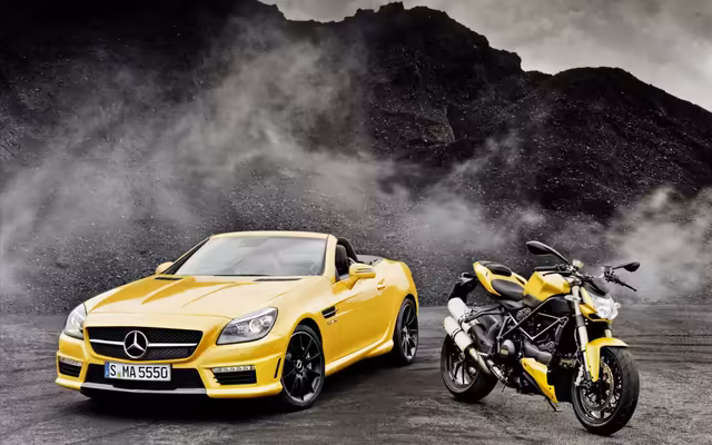 Yellow Sports Car And Motorcycle