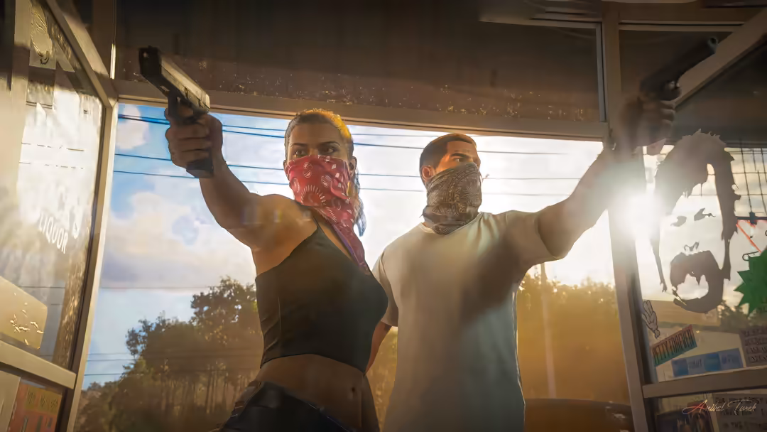 Two masked characters pose with raised fists inside a bright room with sunlit windows overlooking an urban landscape and scat