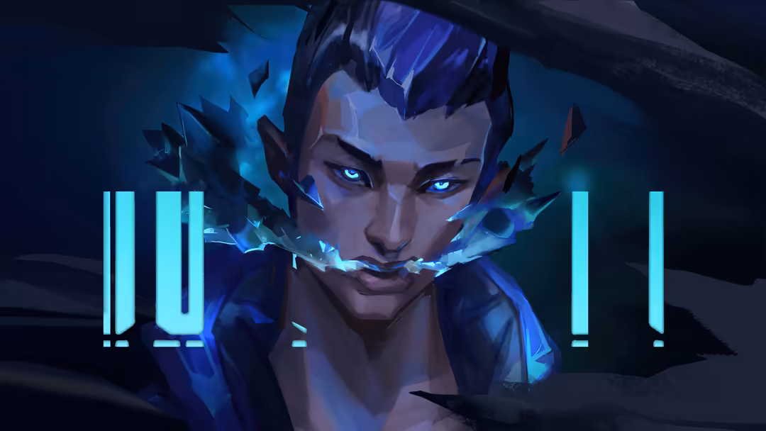 Stylized portrait of Yoru from Valorant with glowing cyan eyes, spiky dark hair, and neon blue crystalline effects surroundin