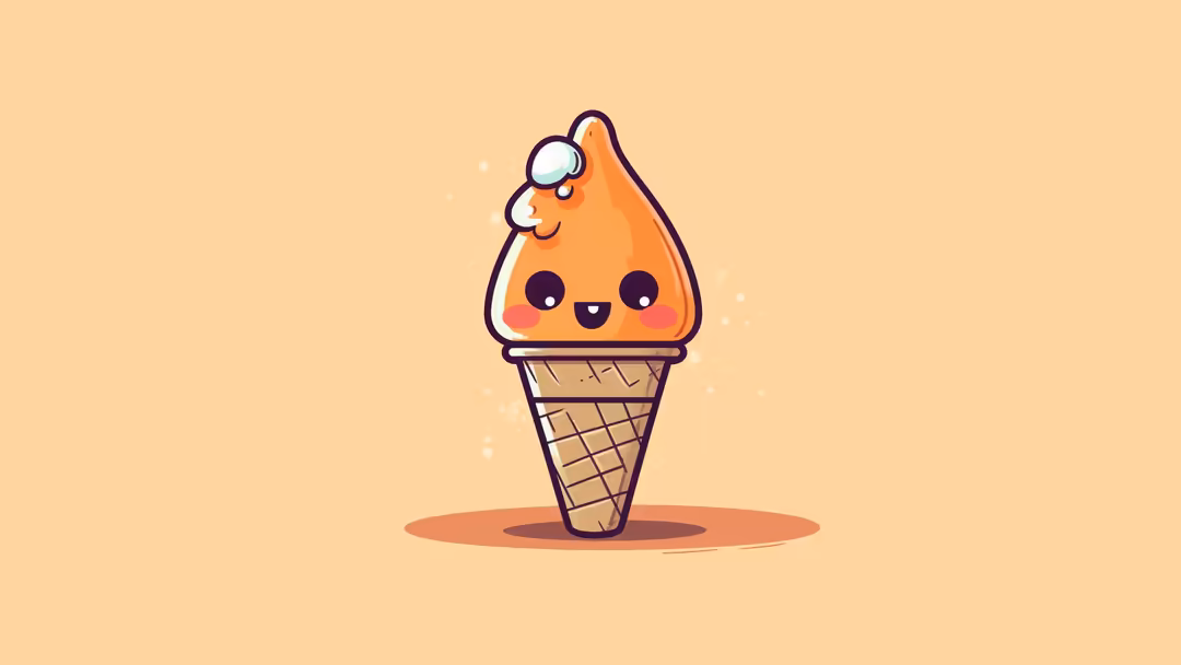 Adorable cartoon ice cream cone with orange swirl, big happy eyes, rosy cheeks, and waffle cone on warm peachy background wit
