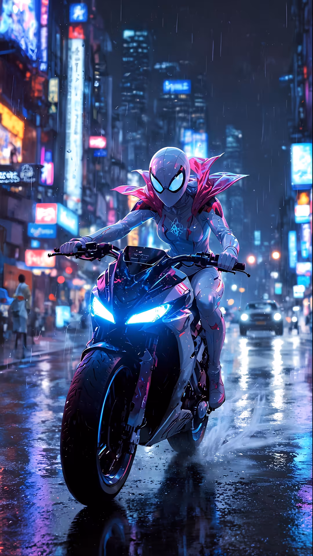 Futuristic figure on glowing neon bike riding through rainy cyberpunk city streets with colorful holographic billboards and b