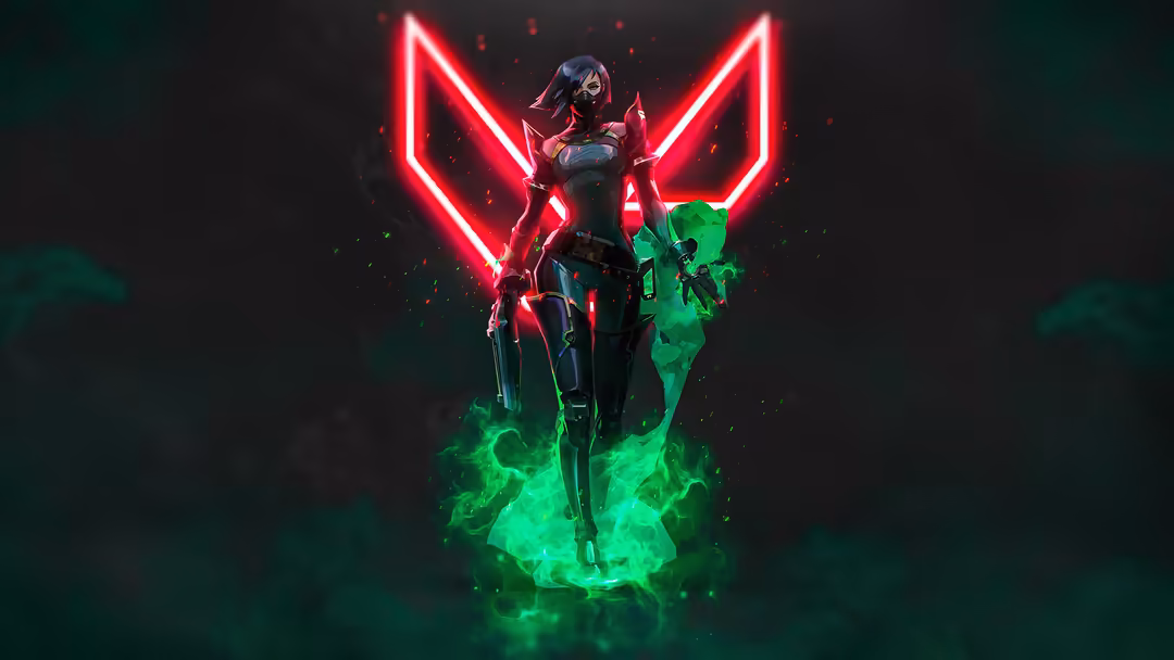 Futuristic female character Viper with red neon wings and glowing green energy effects against dark background
