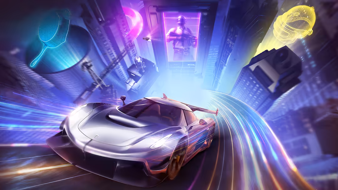 Sleek futuristic sports car racing through neon-lit cyberpunk cityscape with glowing signs and digital effects