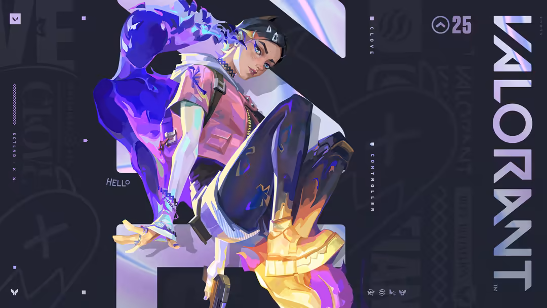 Clove character from Valorant game wearing tactical gear with neon purple and yellow glowing effects against dark background