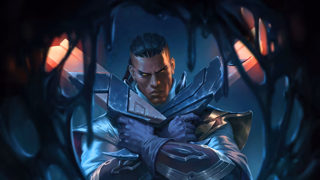 Armored warrior character Lucian with blue metallic armor and stern expression surrounded by glowing red lights in dark atmos