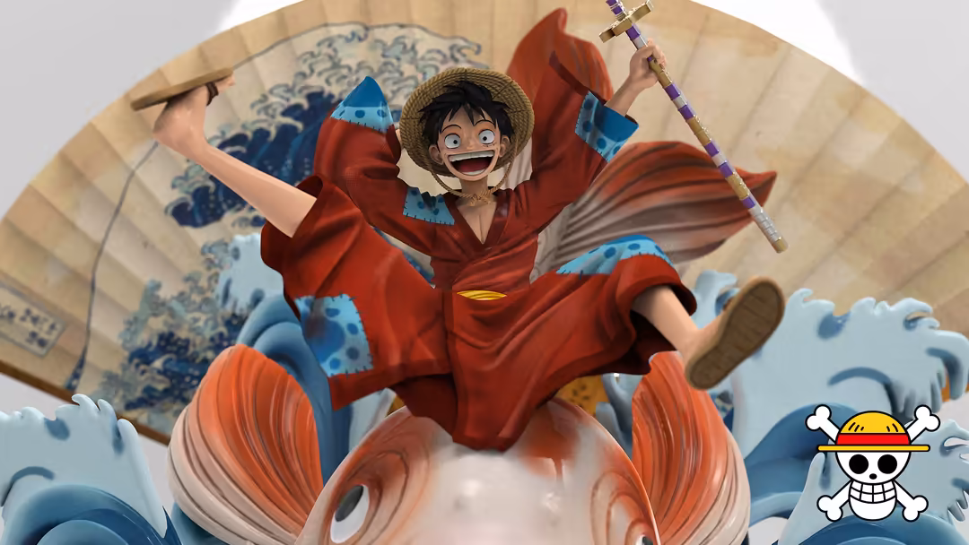 Cheerful anime character in red outfit riding giant fish with straw hat, surrounded by ocean waves and traditional Asian sail