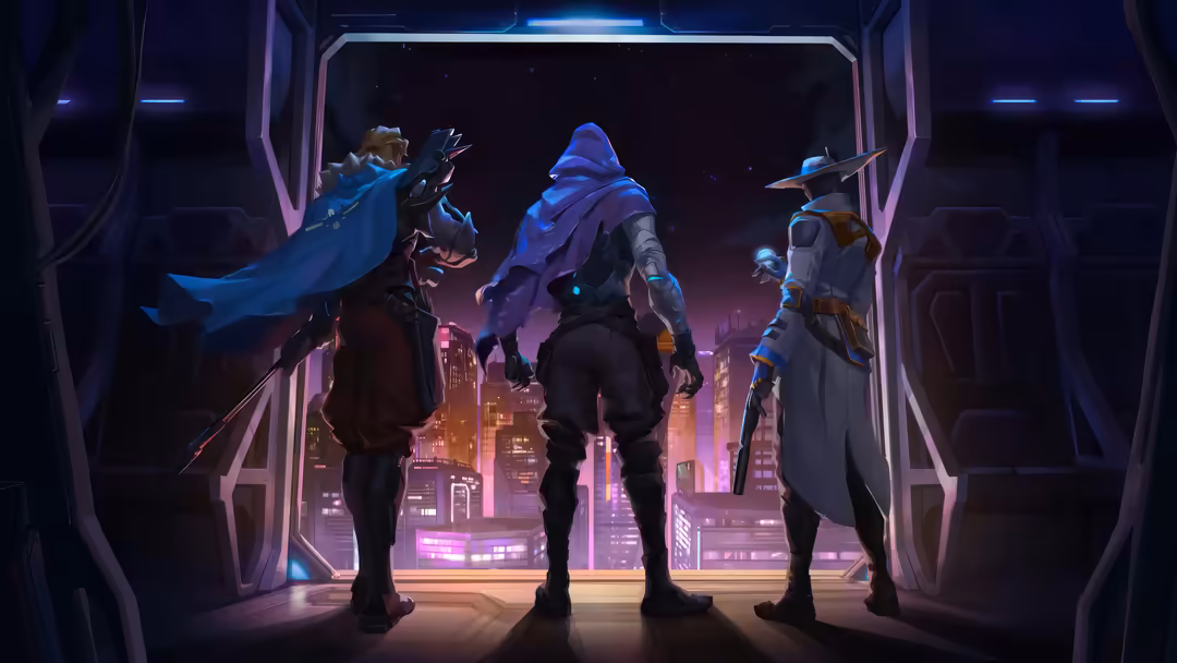 Valorant agents Sova, Omen, and Cypher stand in a futuristic neon-lit cityscape viewed through a high-tech doorway frame