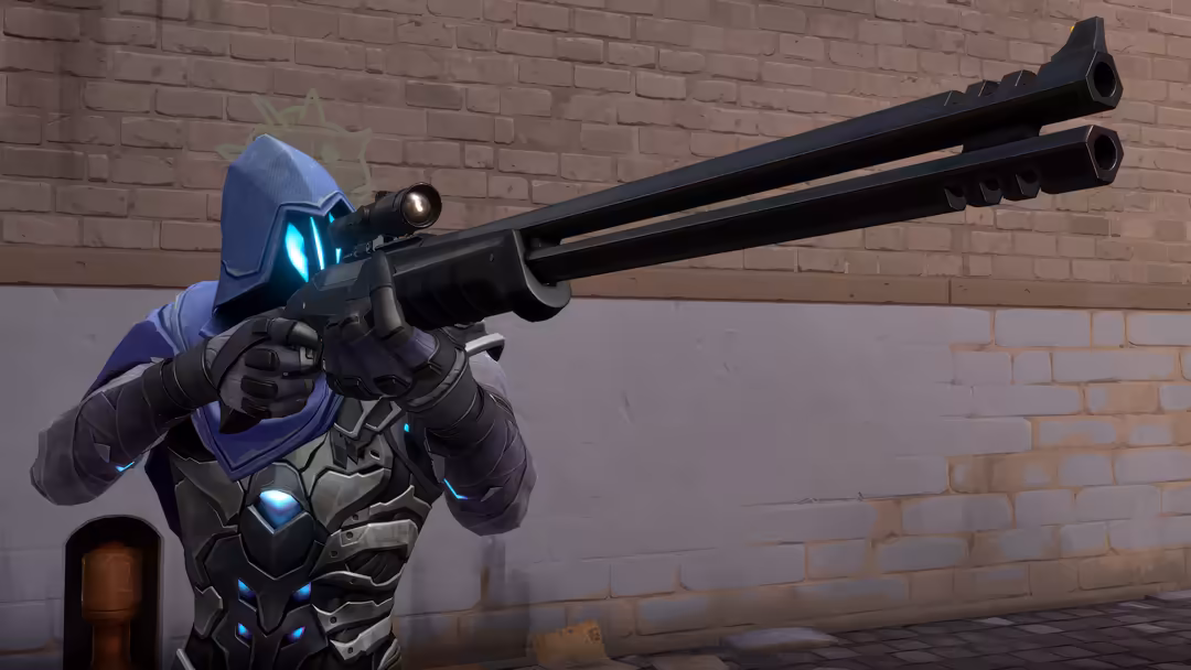 Armored tactical agent with glowing blue visor holding a sniper rifle against brick wall background in cyberpunk style