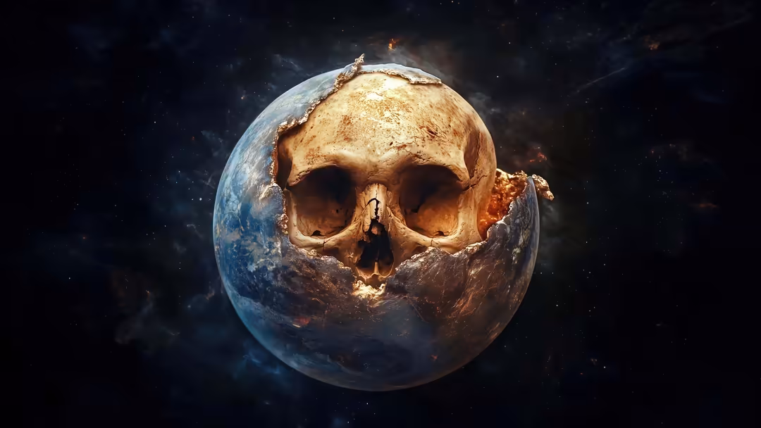 Skull-shaped planet Earth merged with a cosmic space background featuring dark starry sky and glowing amber and brown texture