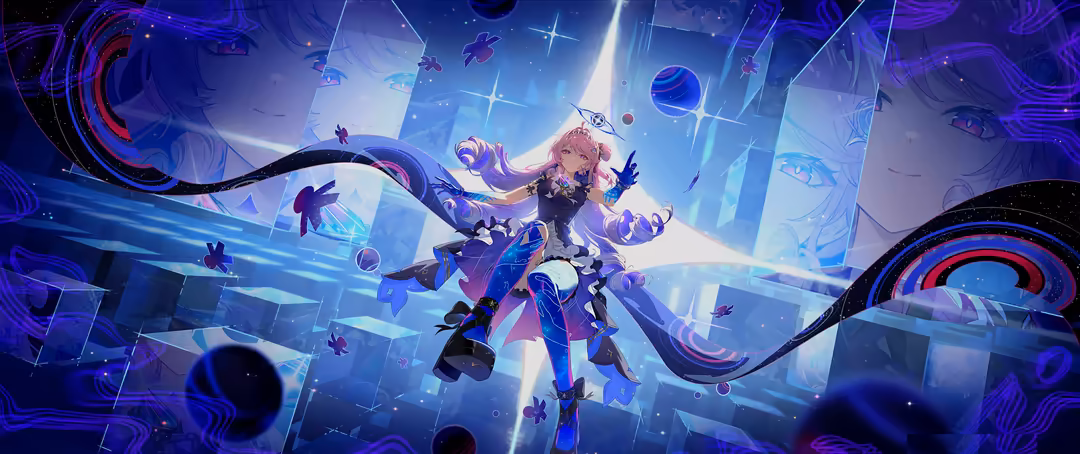 Anime character Denia from Wuthering Waves surrounded by glowing purple and blue cosmic energy, magical spheres, and ethereal