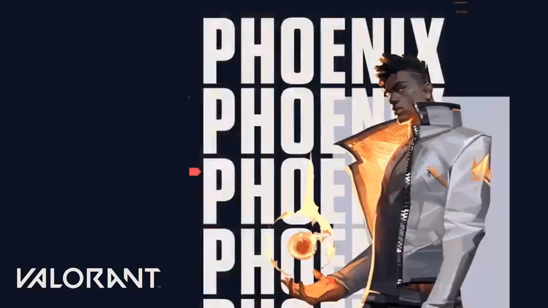 Valorant Phoenix agent in sleek white jacket with orange glowing flames and neon accents, striking a confident pose against d