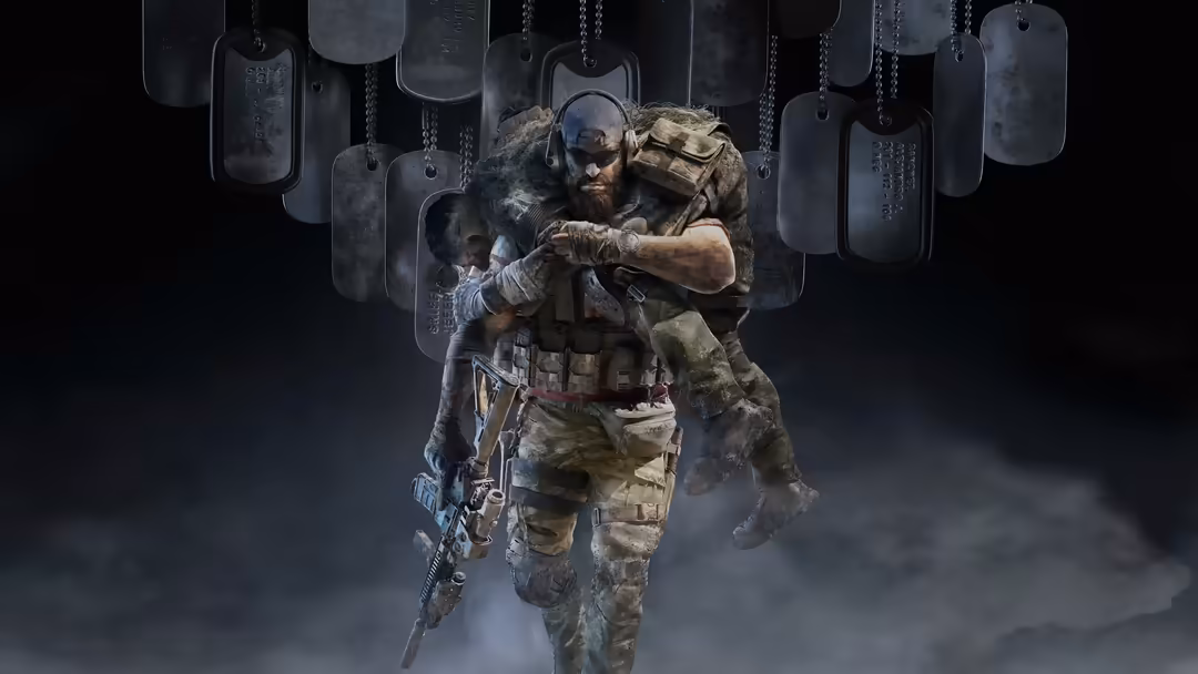 Two military soldiers in tactical gear and dog tags stand together against a dark smoky background, representing bond and bro