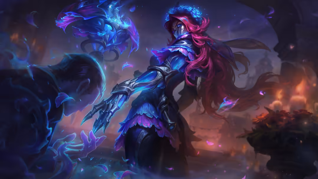 Fantasy warrior with glowing blue and pink magical armor surrounded by swirling mystical energy and ethereal effects in epic