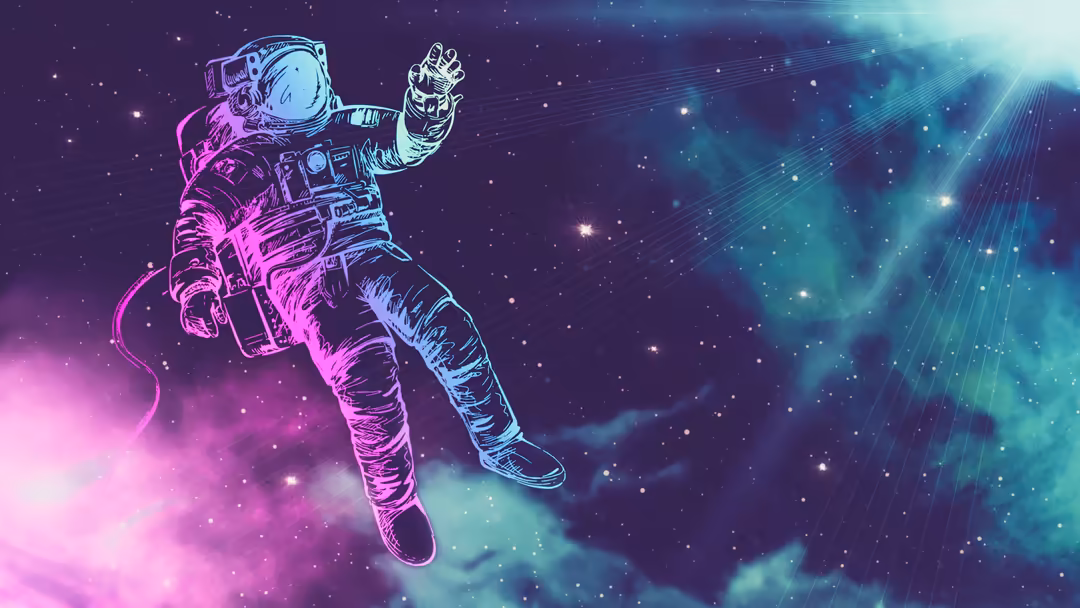 Neon-lit astronaut floating through vibrant purple and cyan cosmic space with glowing particles and starlight rays