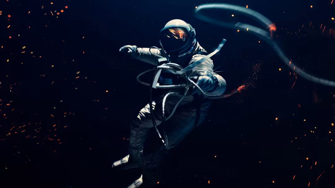 Astronaut in white spacesuit floating in deep space with glowing energy trails and sparkling particles surrounding them again