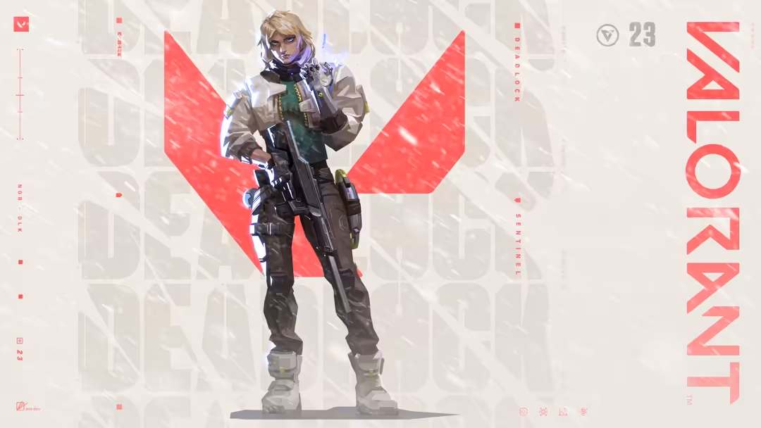 Deadlock character from Valorant standing in tactical gear with rifle against geometric red and white background design