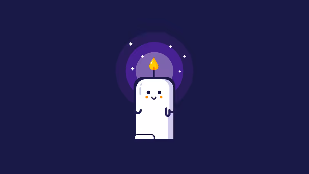Cute smiling ghost character with a lit yellow candle on its head surrounded by purple concentric circles and sparkles on dar