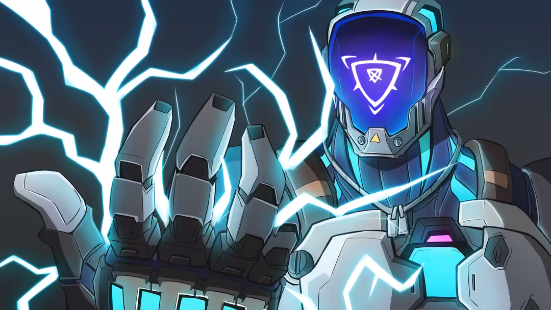 Futuristic cyborg character KayO from Valorant with glowing neon blue and cyan electric effects surrounding metallic armor su