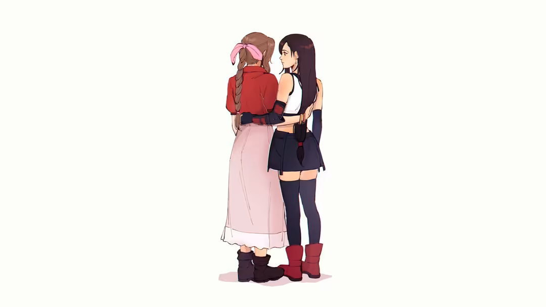 Two anime girls standing together from behind, one in red jacket with braided hair, the other in black dress with long dark h