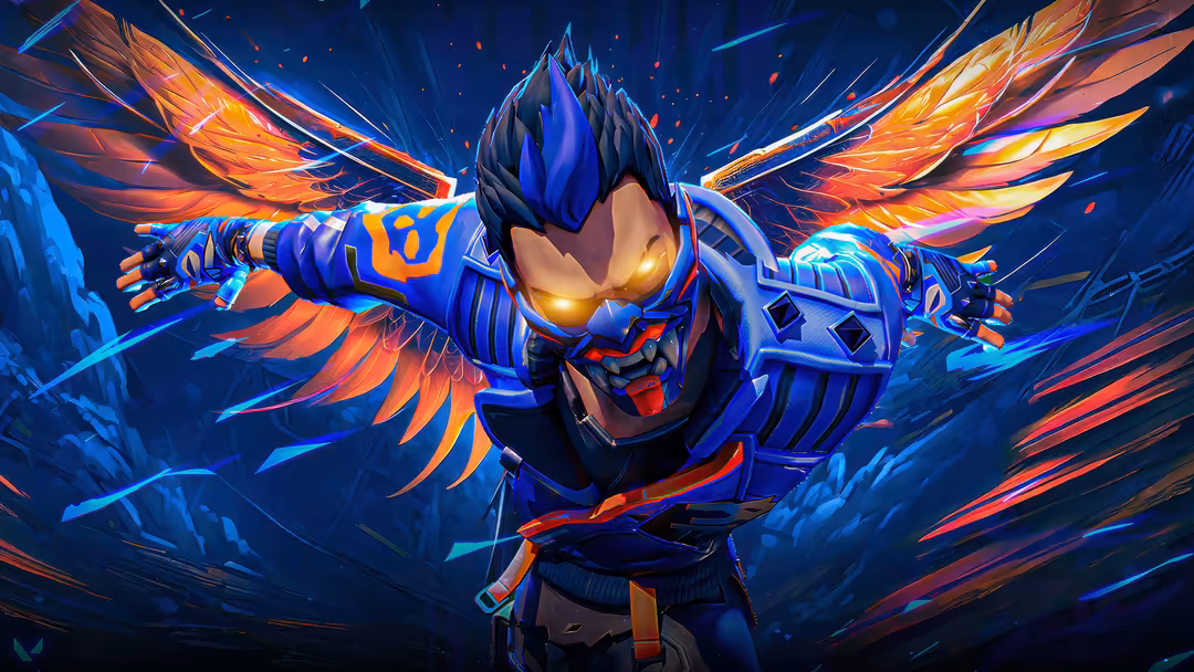 Animated character Yoru from Valorant with glowing blue and orange energy wings, dynamic action pose against dark blue backgr