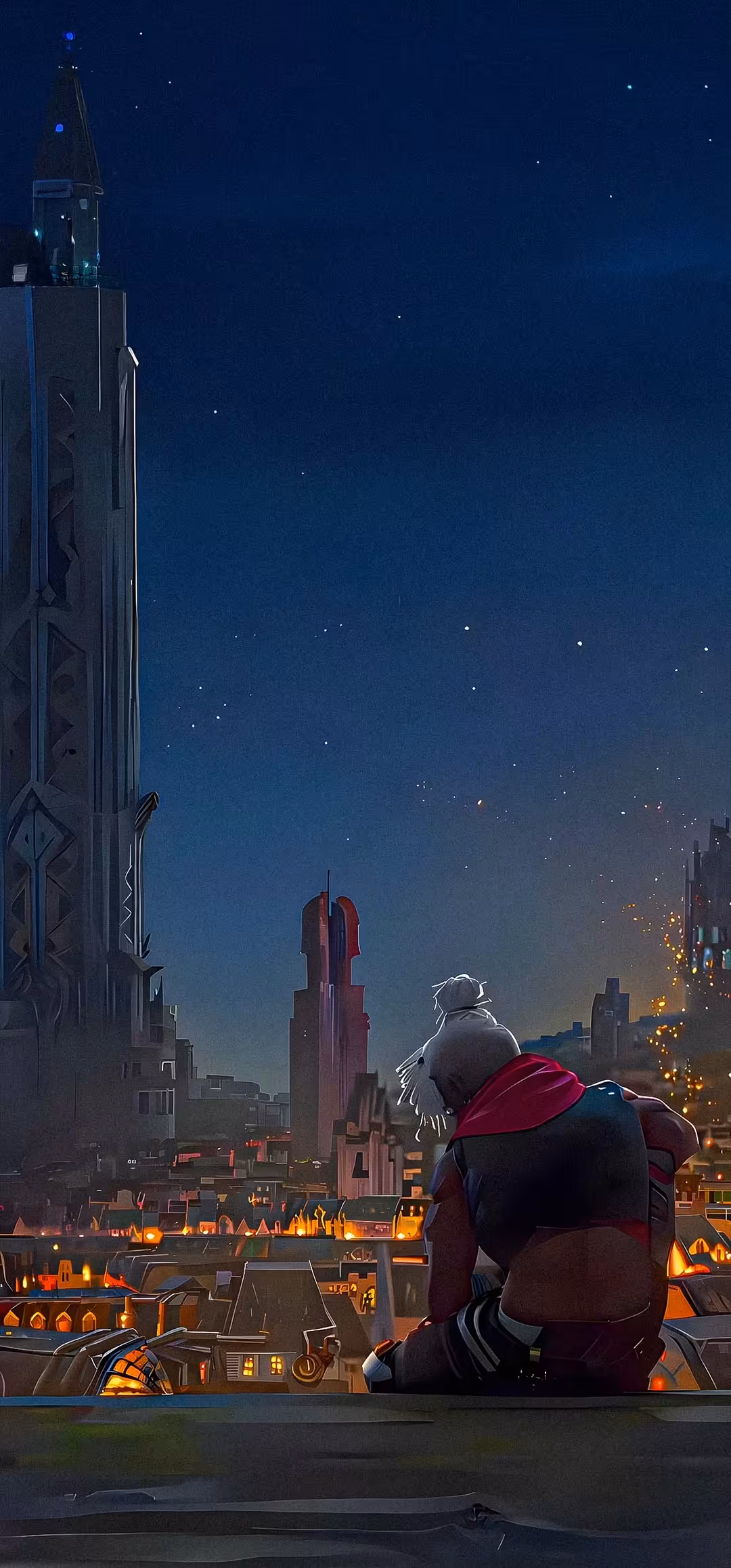Hero Overlooking Neon City Night — vertical neon city Full HD wallpaper