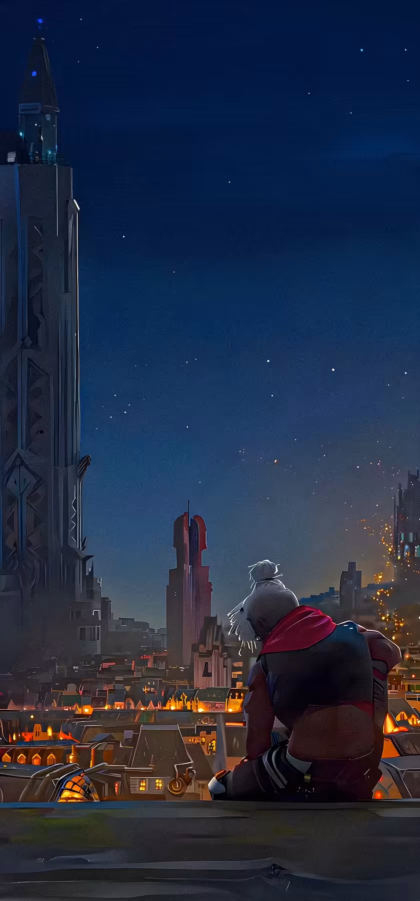 Hero Overlooking Neon City Night