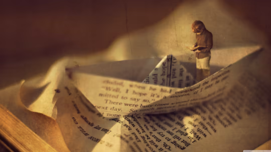 Solitary figure standing on open book pages with warm sepia tones, surrounded by flowing paper layers in a dreamy literary sc