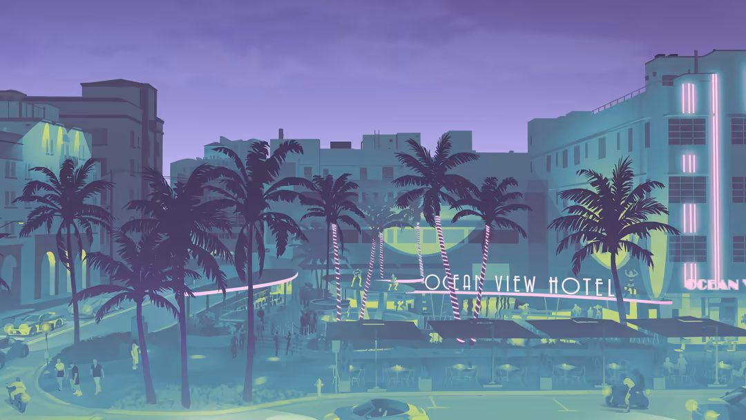 Neon-lit retro futuristic beachfront scene with silhouetted palm trees, glowing Ocean View Hotel sign, pastel purple and cyan