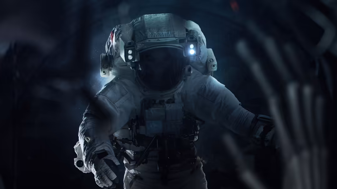 Astronaut in white spacesuit floating in dark space with illuminated helmet visor and glowing equipment against black starry