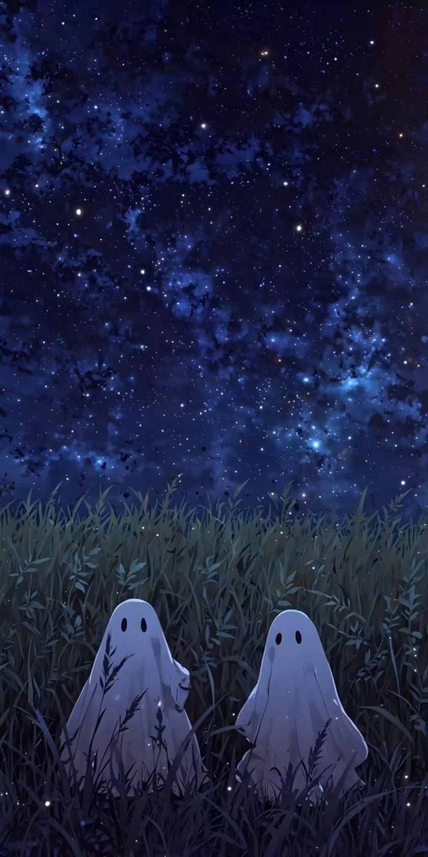 Ghostly Figures Starry Night Field — vertical dreamy Full HD wallpaper