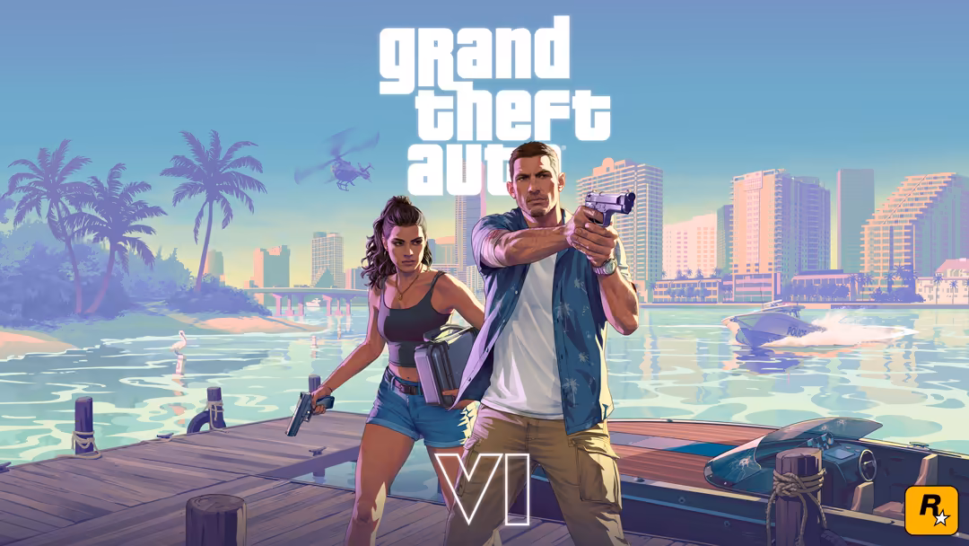GTA VI promotional art featuring two characters on a wooden dock overlooking a tropical beach city with palm trees, skyscrape