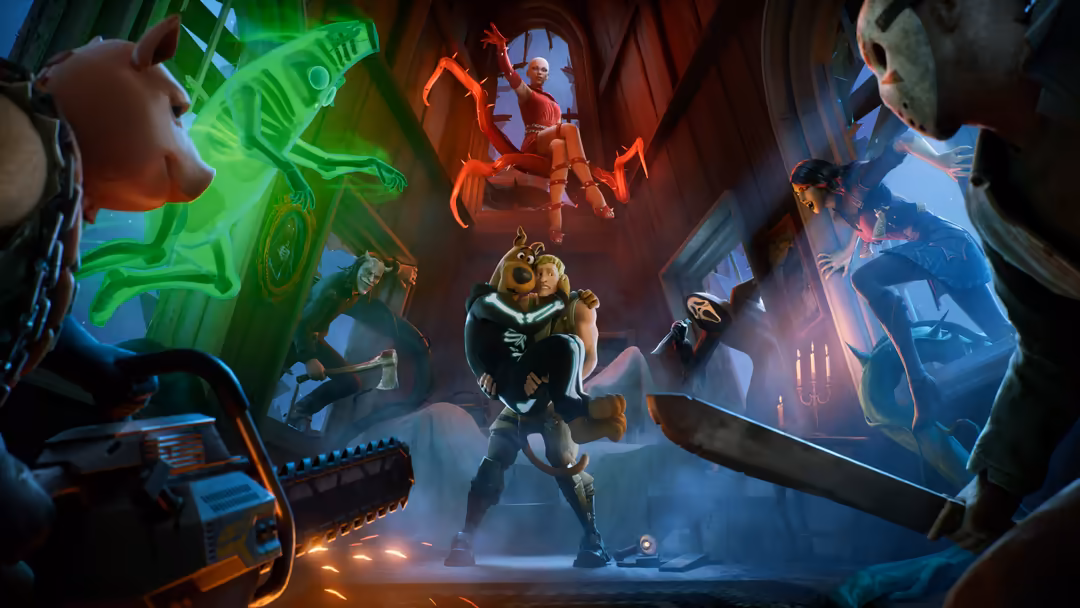 Fortnite character in futuristic armor surrounded by glowing neon signs and enemies in vibrant sci-fi combat arena