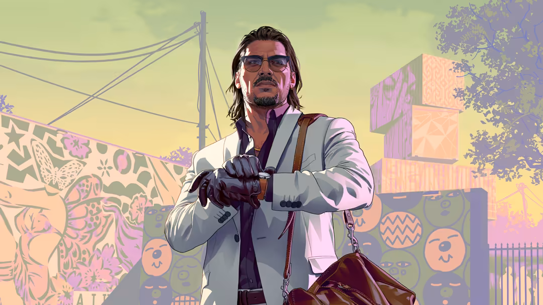 Stylized male character in light blazer and sunglasses standing confidently in vibrant neon-lit urban environment with colorf