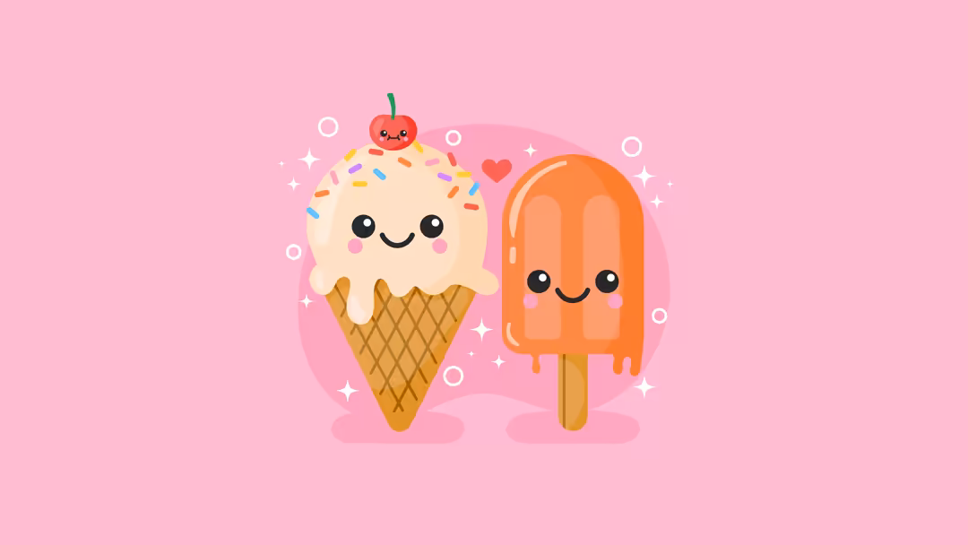 Adorable cartoon ice cream cone and popsicle characters with smiling faces and sparkles on a soft pink background with hearts