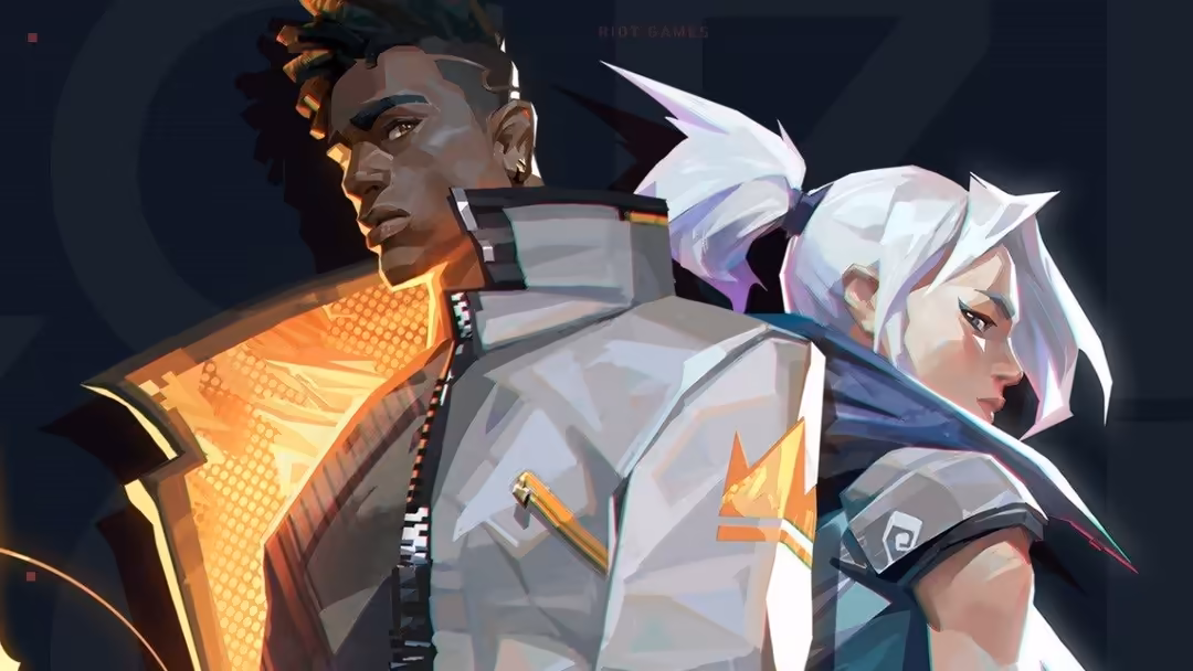Valorant game characters with neon orange and white tactical gear in a dark cyberpunk aesthetic with glowing accent lighting