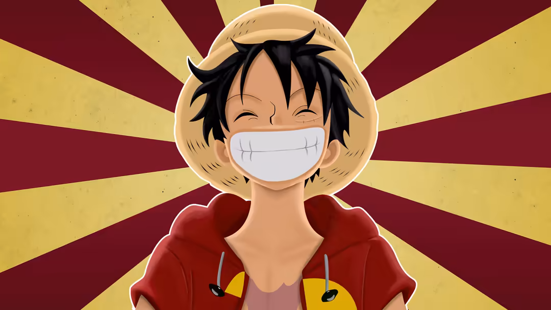 Cheerful anime character with black spiky hair and white mask grin, wearing red hoodie against vibrant yellow and burgundy ra