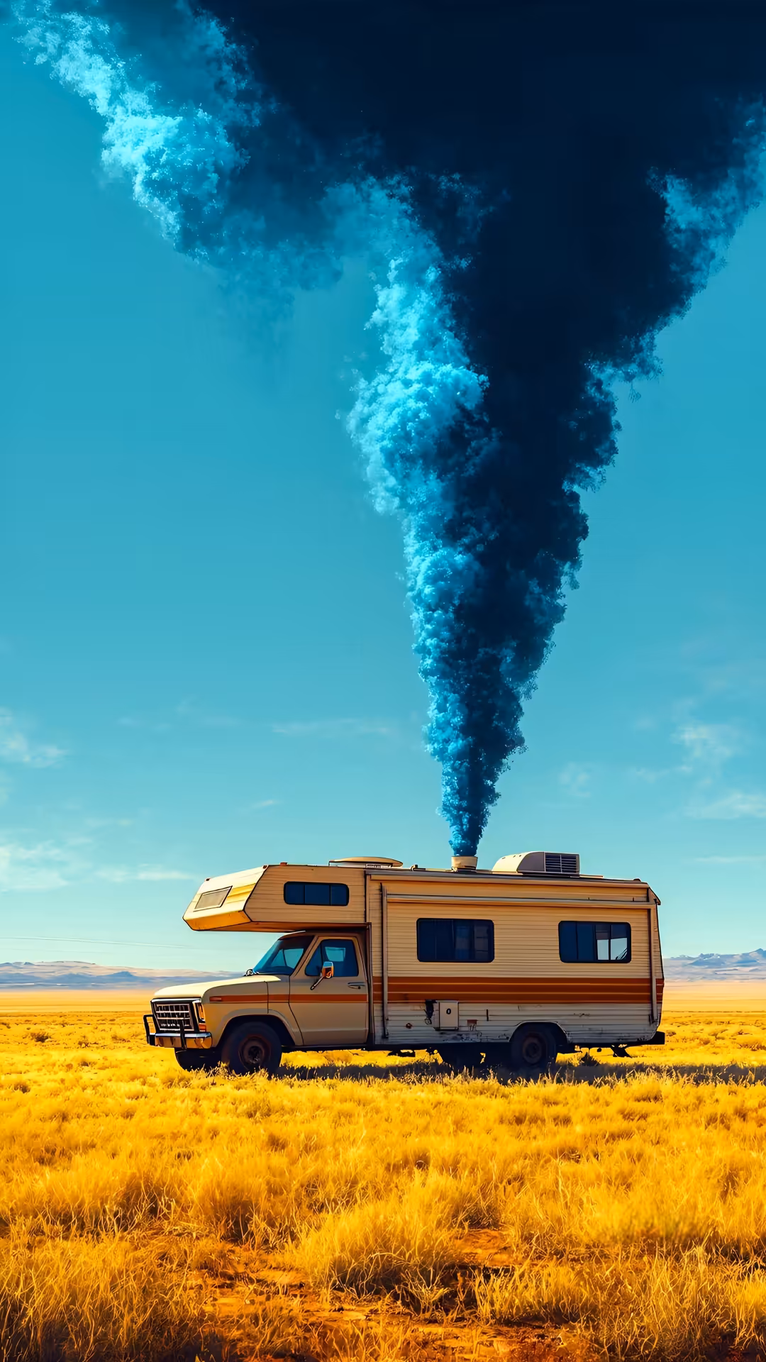Retro camper in golden desert with dramatic blue tornado funnel cloud swirling above under clear sky