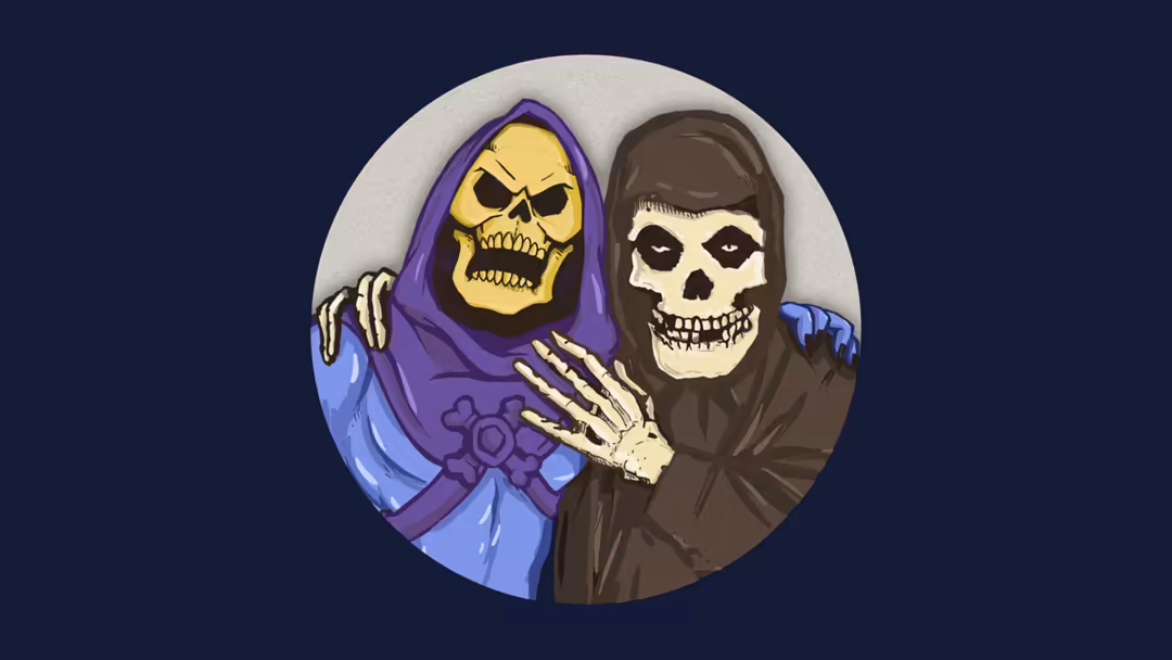 Two skeletal figures in a circular frame, one in purple robes with yellow skull and one in brown hood with pale skull, depict
