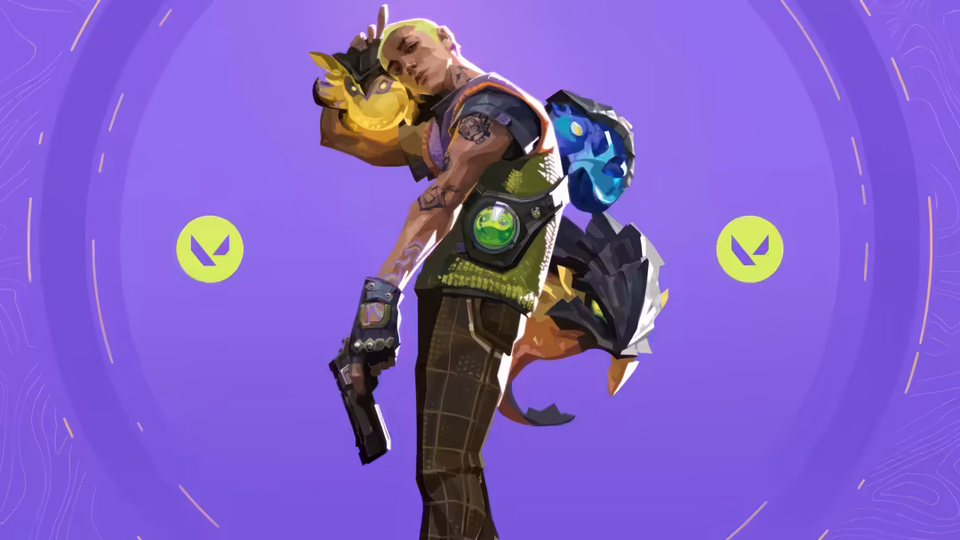 Gekko character from Valorant holding yellow creature against vibrant purple background with neon accents