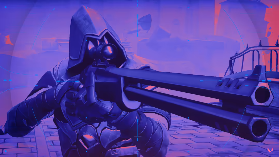 Futuristic character in tactical gear aiming sniper rifle in neon purple cyberpunk cityscape with industrial structures
