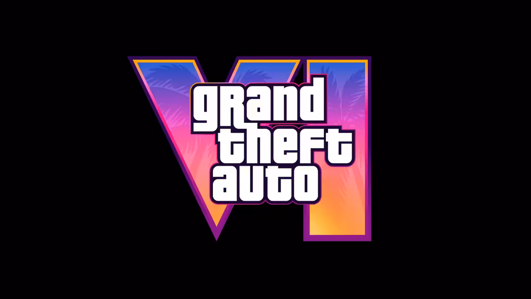 GTA VI logo with vibrant neon pink, purple, and orange gradient background on black, featuring bold white text in iconic gami