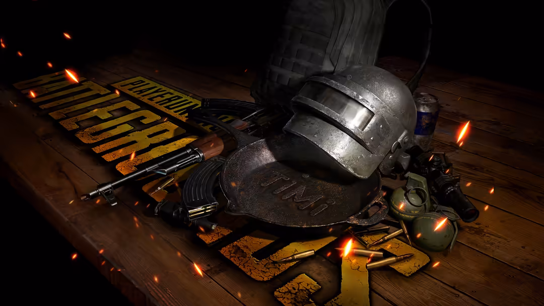 Military tactical gear including helmet, weapons, ammunition, and equipment scattered on wooden surface with dramatic lightin