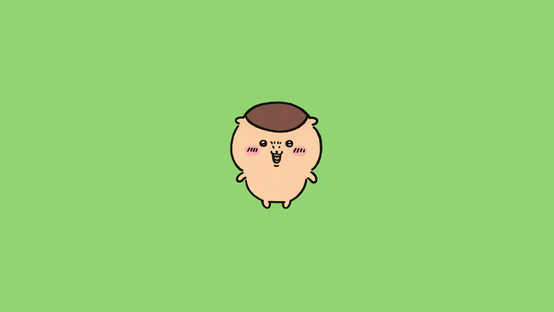 Cute chubby character with brown hair and rosy cheeks smiling against a soft green pastel background in kawaii cartoon style