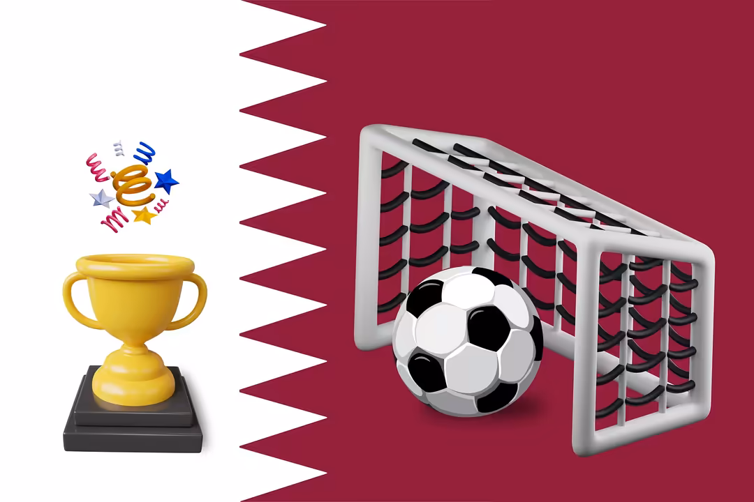 3D illustration featuring FIFA World Cup soccer ball, golden trophy, and goal net on burgundy background with decorative zigz