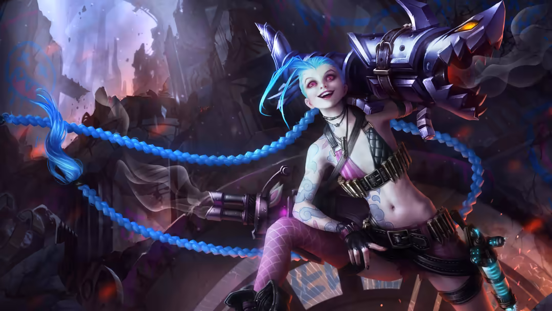 Cyberpunk character Jinx with blue hair, metallic armor, and glowing blue energy ropes in dark futuristic cityscape