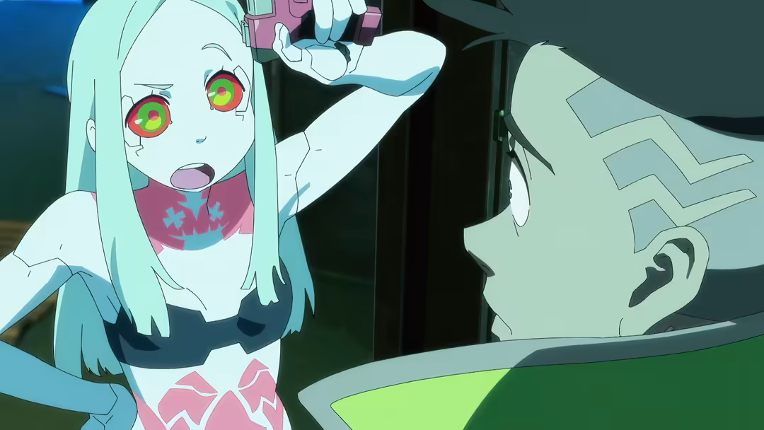 Anime character with glowing neon pink and green eyes, white hair, futuristic cyberpunk aesthetic with digital interface elem