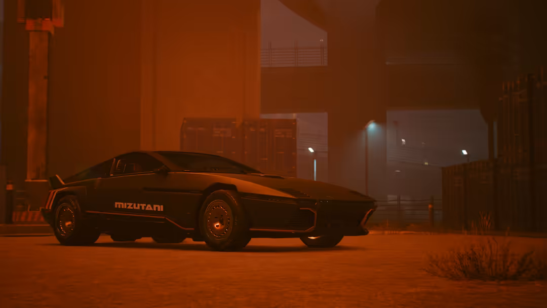 Futuristic sports car with neon lighting parked in an orange-hued desert industrial landscape with atmospheric fog and abando