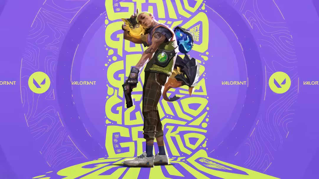 Gekko character from Valorant game with vibrant purple and neon yellow design, holding a creature companion in dynamic action